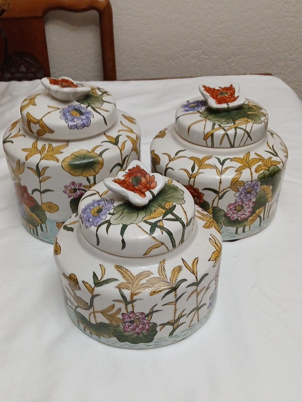 Decorative Floral Ceramic Canister Set.  Orange Accent Lid - Home Art